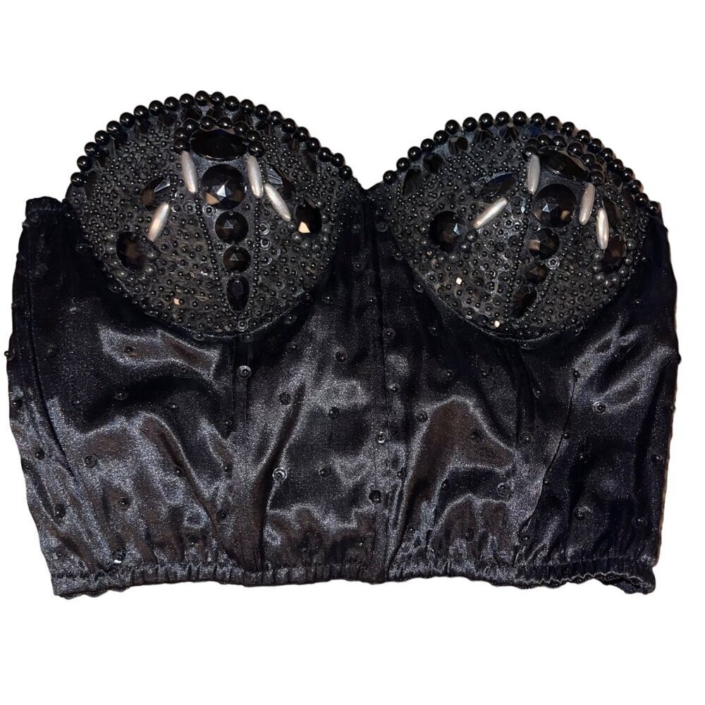 Mina Collection Womens Top Size Medium Black Beaded Corset Bustier Pure Cotton